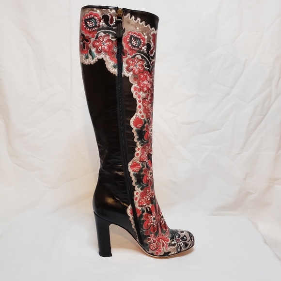 HP RED Valentino Black Floral Heel Boots - Picture 3 of 10